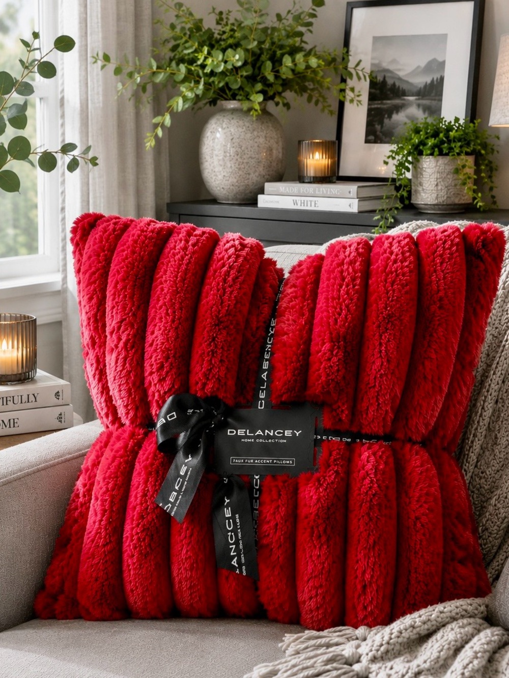 Set of 2 Luxurious Plush Red Faux Fur Throw Pillows🏡NWT! - Picture 2 of 12